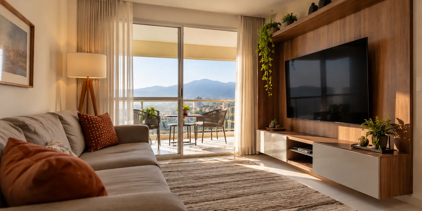 Sala de apartamento mobiliado com varanda