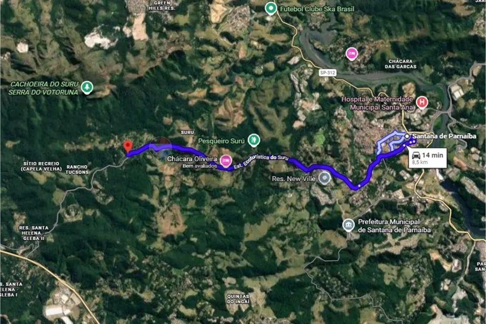 Mapa da região entre Santana de Parnaíba, Alphaville e a Rodovia Castello Branco, com o condomínio marcado